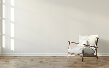 3D rendering of an empty living room interior mockup with an armchair, wooden floor and white wall background