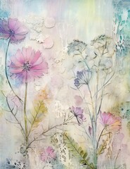 Iridescent glass with lavender spring fantasy, enchanted forest, wildflowers, watercolor fairytale