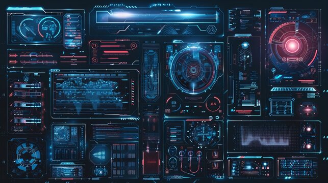 High-tech bars and frames, along with holographic HUD user interface elements, make up a set of futuristic interface UI elements, designed as an illustration set of HUD interface icons