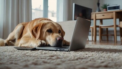 Animal and technology. Curious fluffy labrador lying on floor at living room and looking on...