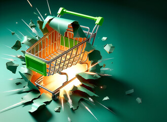 shopping cart  ejaculated from  through a torn green paper