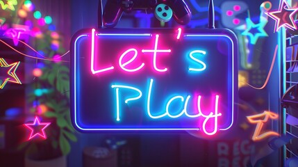 The "Let's Play" neon sign, depicted as a bright signboard and light banner, serves as a game logo neon emblem, crafted as a vector illustration to attract and engage players