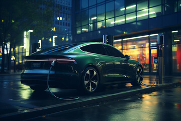 Electric Vehicle Charging Peacefully on a Rainy Evening - Urban Banner - obrazy, fototapety, plakaty