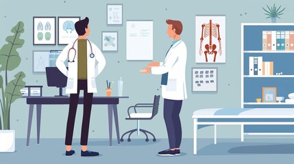 The scenario depicts a medical consultation focused on back issues, where a doctor engages with a patient to discuss and devise a physical therapy regimen aimed at resolving the problem - obrazy, fototapety, plakaty