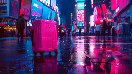 Valise rose en voyage à New York sur Times Square  - obrazy, fototapety, plakaty