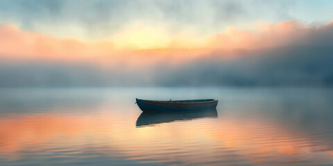 A tranquil scene where a rowboat rests on a lake reflecting the warm hues of the morning sky