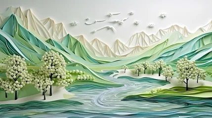  spring landscape with trees, river and mountain made from paper in light green shades © neirfy