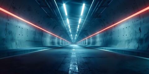 Dark underground tunnel with LED and neon lighting empty except for cement and asphalt floors. Concept Underground Tunnel, LED Lighting, Neon Lights, Cement Floors, Asphalt Floors