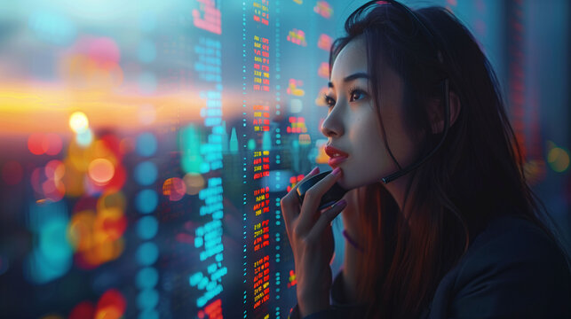 Asian woman analyzing data on glowing screen