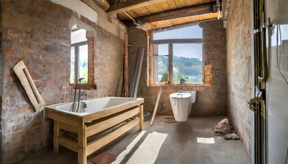 Renovation of an old building bathroom in a panoramic view. Generative AI.