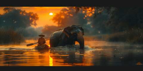 Sunset Voyage: Majestic Elephant and Guide in Silhouetted Waterway Banner