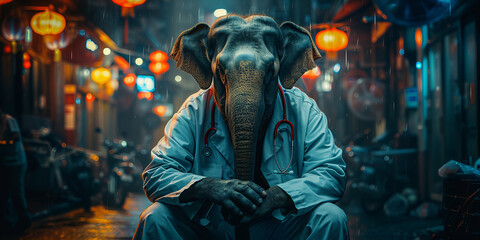 Midnight City Dreams: Surreal Doctor Elephant Amidst Rainy Lantern-Lit Streets Banner - obrazy, fototapety, plakaty