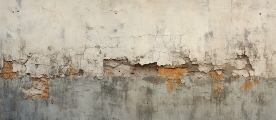 Fragmented wall showing signs of wear and tear, with peeling paint and cracks, featuring a fire...