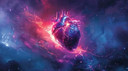 A heart beating in rhythm, illustrated with dynamic, dramatic lighting against a stormy backdrop - obrazy, fototapety, plakaty