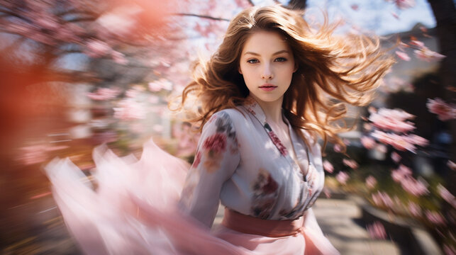 Movements of a beautiful girl in a pink cherry orchard.