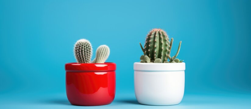 Two cactus plants, one large and one small, in a red and white pot set against a vibrant blue background, symbolizing men's health and Viagra for improved libido and erections