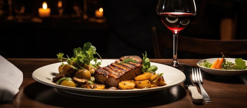 Plate of delicious restaurant food featuring pork tenderloin, grenaille potatoes, and fresh salad, served with cutlery and a glass of wine in a luxurious setting