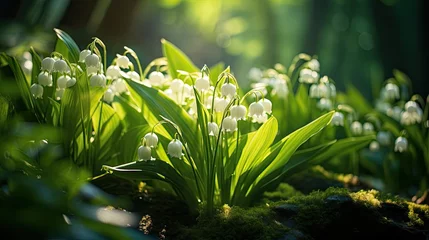 Fotobehang Lilies of the valley in morning sun in the forest sunlight, © neirfy