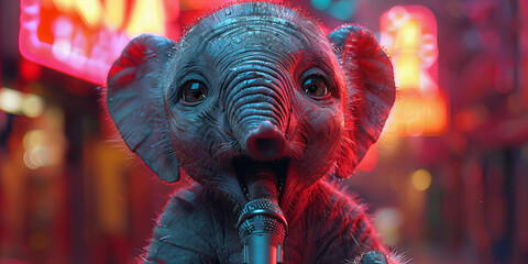 Neon Lit Night: A Young Animated ElephantвЂ™s Musical Urban Adventure Banner - obrazy, fototapety, plakaty