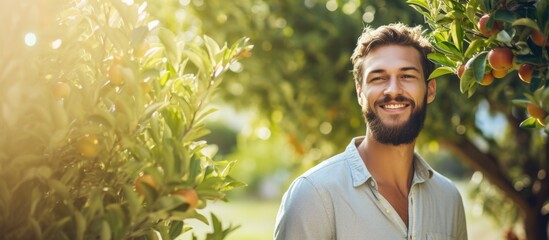 A young bearded man is smiling happily in front of a lush tree with fruit trees in the background,...
