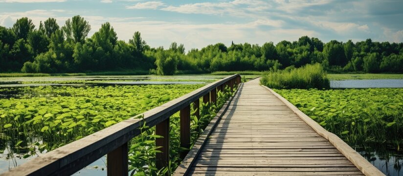 A wooden boardwalk stretches across a vibrant green wetlands area, creating a picturesque scene of natural beauty