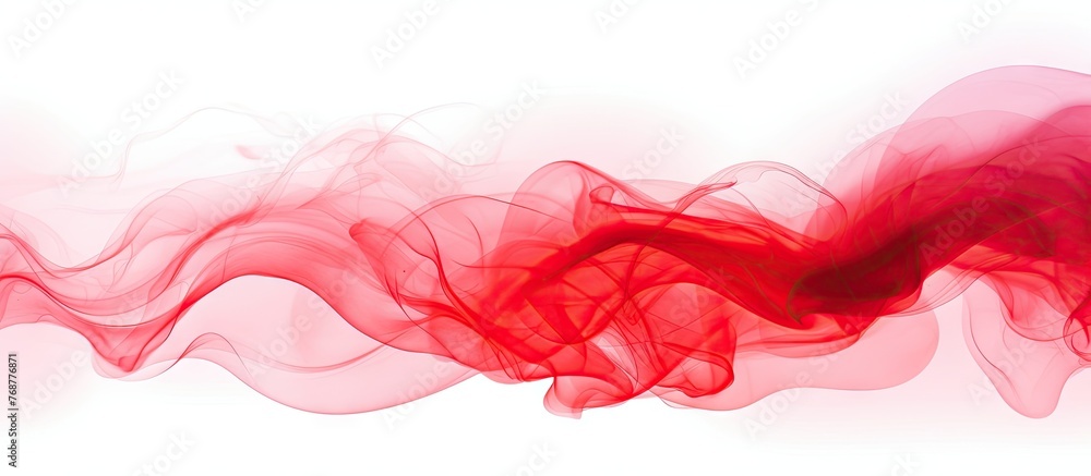 Poster vibrant red smoke swirling in an abstract pattern against a clean white background, creating a strik