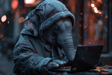 Enigmatic Elephant Engrossed in Evenings Electronic Endeavors - Banner - obrazy, fototapety, plakaty