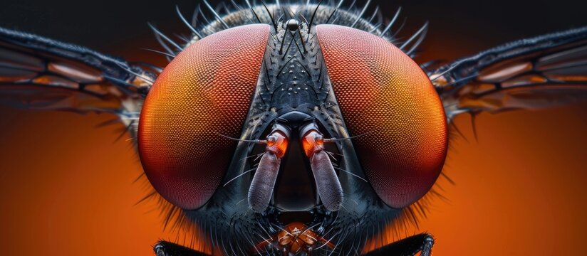 A detailed close-up of a flesh fly perched on a vibrant orange background. The fly appears to be feeding or resting on the orange surface, showcasing intricate details of its body and wings.