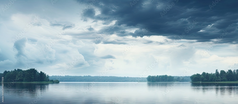 Poster a serene scene of a boat peacefully floating on the calm water of a lake, with a backdrop of a cloud