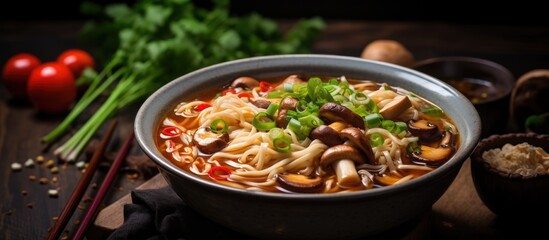 A close-up of a bowl of noodles with an assortment of mushrooms, vegetables, and tofu on a wooden table during the Vegetarian festival