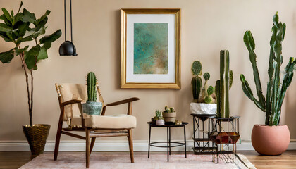 Retro interior design of living room with stylish vintage chair and table, plants, cacti. Generative AI.