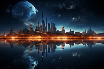 Fototapeta na wymiar Futuristic Cityscape with Majestic Moon Reflection Banner
