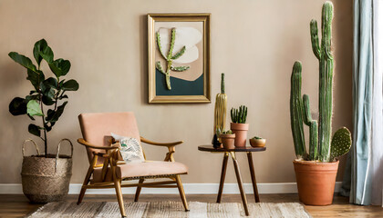 Retro interior design of living room with stylish vintage chair and table, plants, cacti. Generative AI.