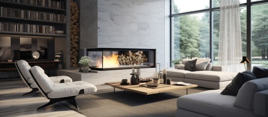 A contemporary living room featuring grey chairs, a white fireplace, and various other pieces of furniture creating a cozy and inviting atmosphere.