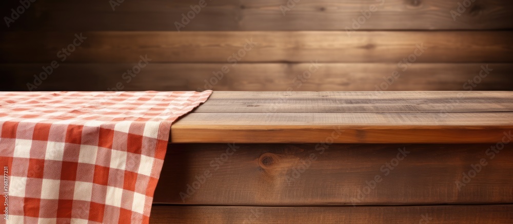 Poster a close up of a classic red and white checkered tablecloth neatly laid on a rustic wooden table back
