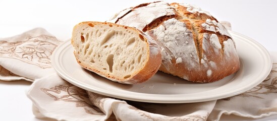 A loaf of tasty White Italian artisan bread placed on a clean white plate with a napkin beside it