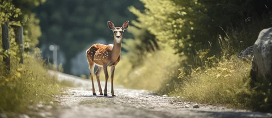 Plexiglas foto achterwand A roe deer, Capreolus capreolus, is standing peacefully on the edge of a dirt road, surrounded by green foliage © vxnaghiyev
