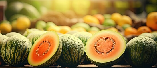 Ripe and juicy melons are displayed on a wooden table at the bustling market for the sale of fresh fruits and vegetables in close-up - obrazy, fototapety, plakaty