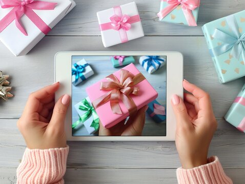 A woman is holding a tablet with a picture of a gift box on it. Concept of excitement and anticipation for the gift inside