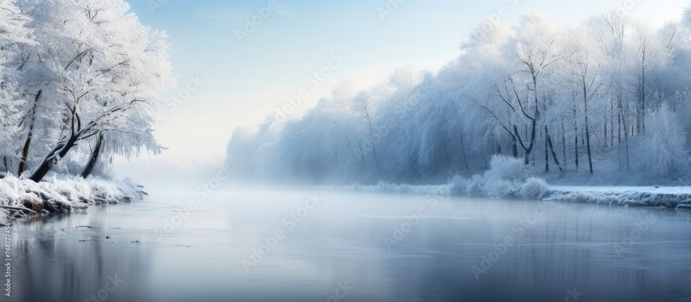 Poster winter scene where trees are covered in snow and frost along a river, seen from a bridge crossing th