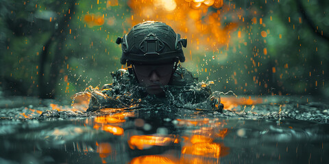 Submerged Soldiers Silent Vigil in a Rainy Twilight: An Artistic Banner - obrazy, fototapety, plakaty