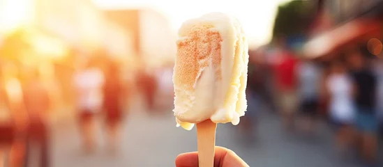 Zelfklevend Fotobehang A close-up shot of someone's hand holding a popsicle with a white frosting on it, perfect for cooling down in the hot weather © vxnaghiyev
