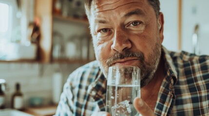 Man with beard and mustache drinking water from a glass in a kitchen setting. - Powered by Adobe