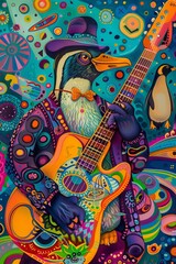 Full shot of a happy penguin musician surrounded by vibrant colors, Psychedelic funk art