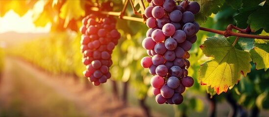 Ripe grapes are hanging from the vineyards of grape trees in a beautiful sunset vineyard setting