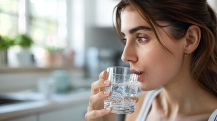 A woman with a neutral expression drinking water from a clear glass with ice.