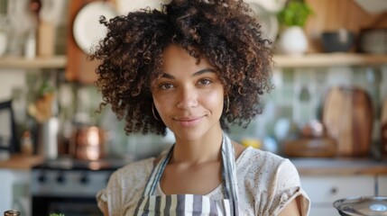 A smiling woman with curly hair wearing a striped apron standing in a kitchen with a warm and inviting atmosphere.