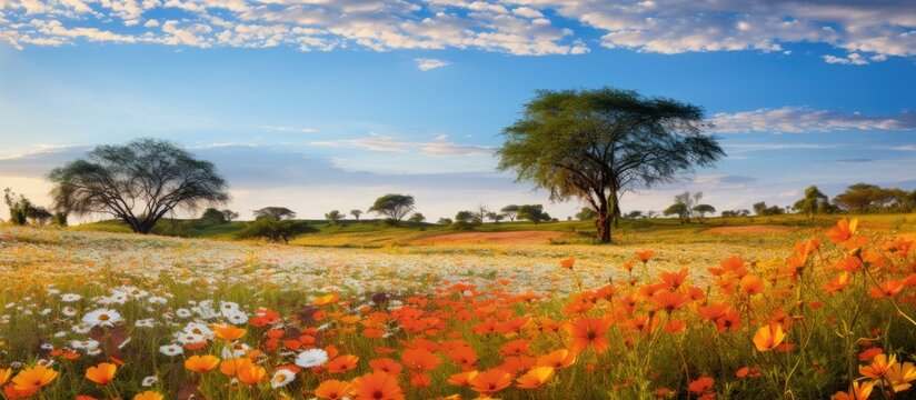 Cerrado wildflowers in their natural habitat, showcasing the rich biodiversity of the savanna ecosystem with colorful beauty and trees in the background