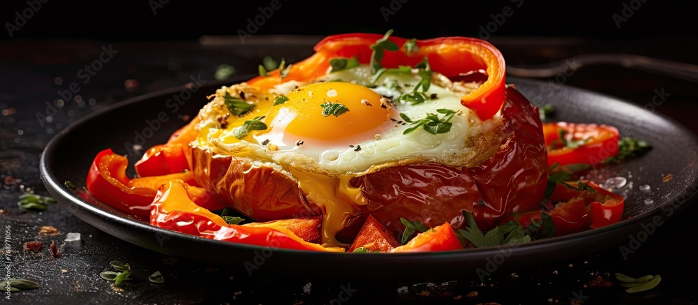 Poster a dish with a fried egg sitting on top of a mixture of scrambled eggs fried within a ring of sweet p
