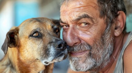 A man with a gray beard and mustache wearing a tank top shares a close moment with a brown dog with a black nose both looking directly at the camera.